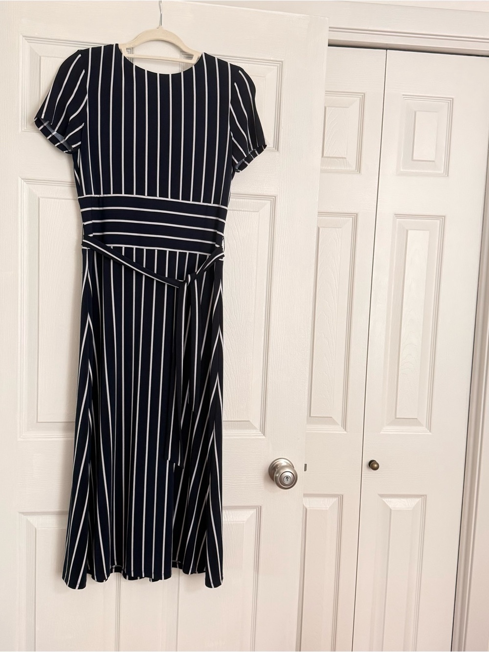 Ralph Lauren Navy and White Vertical-Striped Short-Sleeve Midi Dress